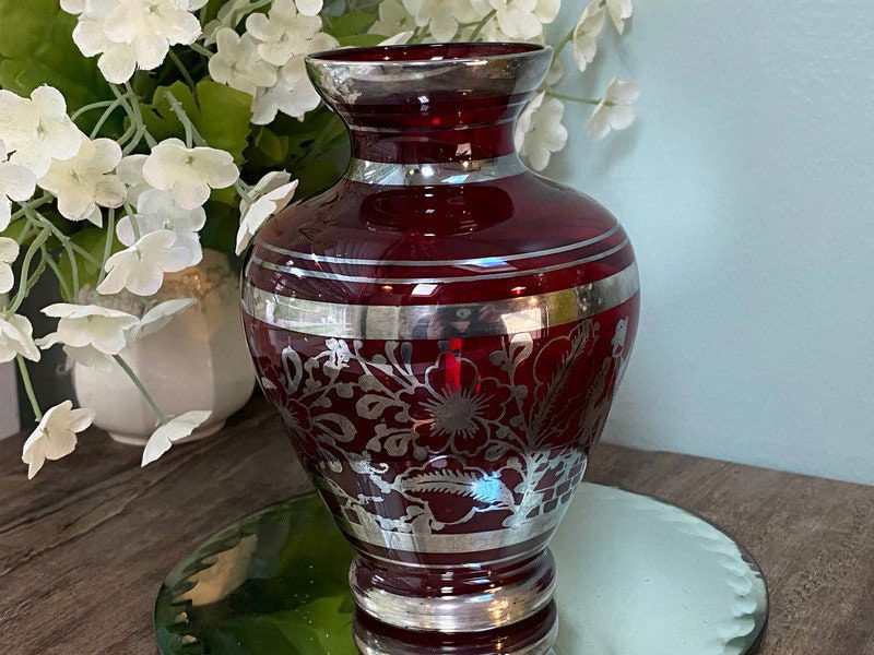 Vintage Red Ruby Glass Vase with Sterling Silver Overlay - Duckwells
