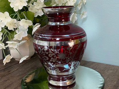Vintage Red Ruby Glass Vase with Sterling Silver Overlay - Duckwells