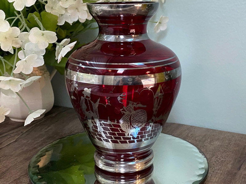 Vintage Red Ruby Glass Vase with Sterling Silver Overlay - Duckwells