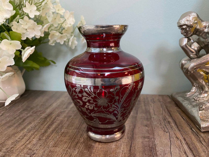 Vintage Red Ruby Glass Vase with Sterling Silver Overlay - Duckwells