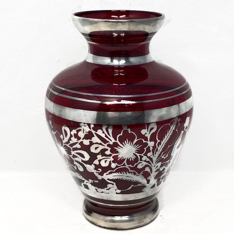 Vintage Red Ruby Glass Vase with Sterling Silver Overlay - Duckwells