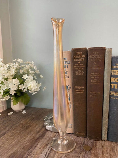 Vintage Thin Opalescent Carnival Glass Swung Vase - Duckwells