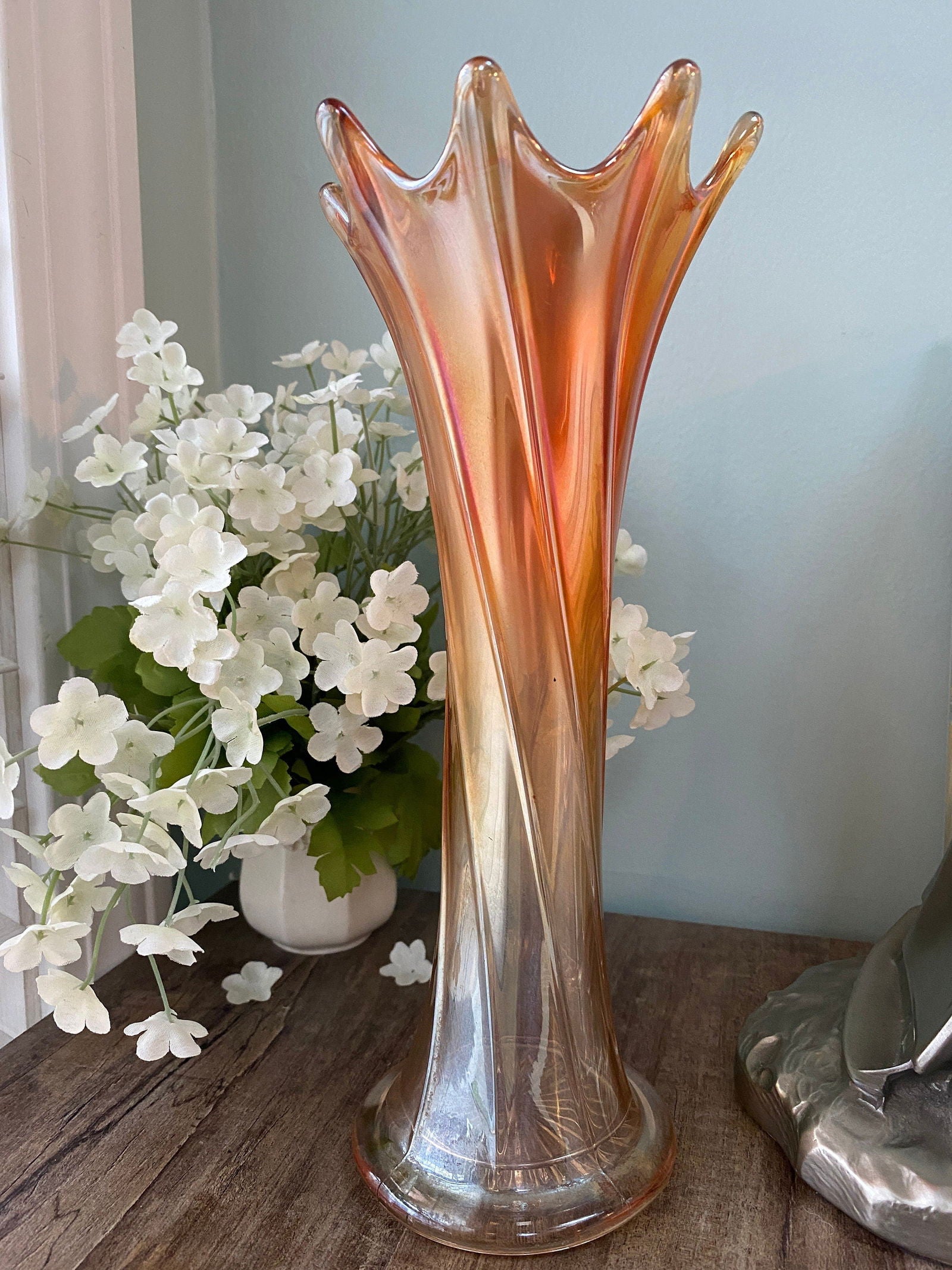 Vintage Thin Ribbed Standard Swung Carnival Glass Vase - Duckwells