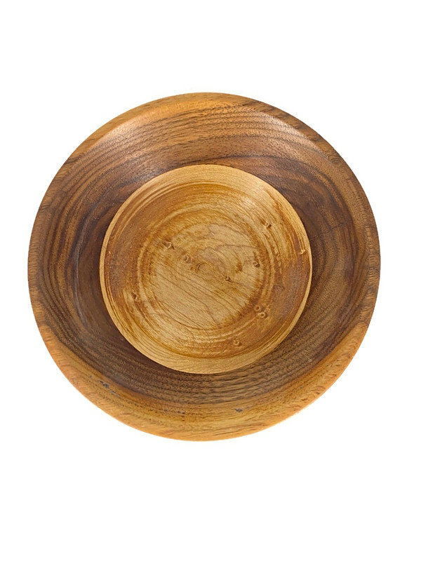 Vintage Turned Walnut and Maple Wood Bowl at Duckwells