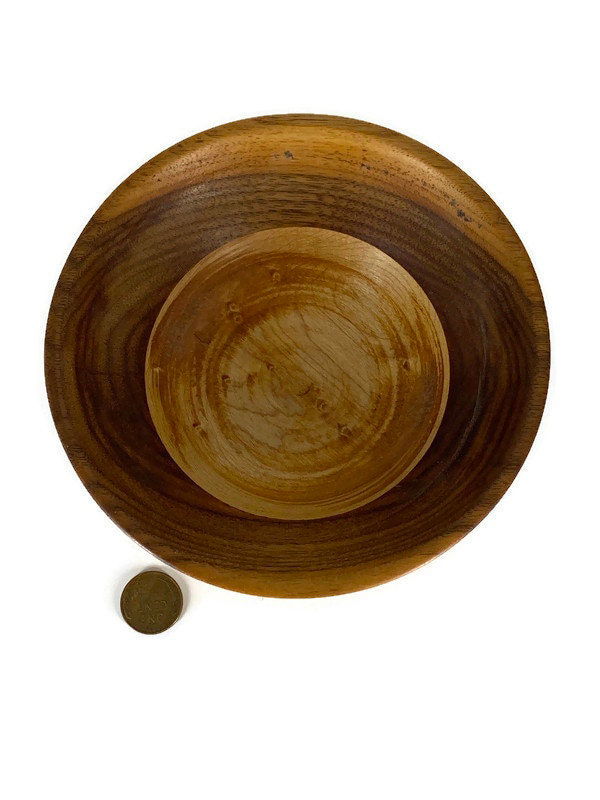 Vintage Turned Walnut and Maple Wood Bowl at Duckwells