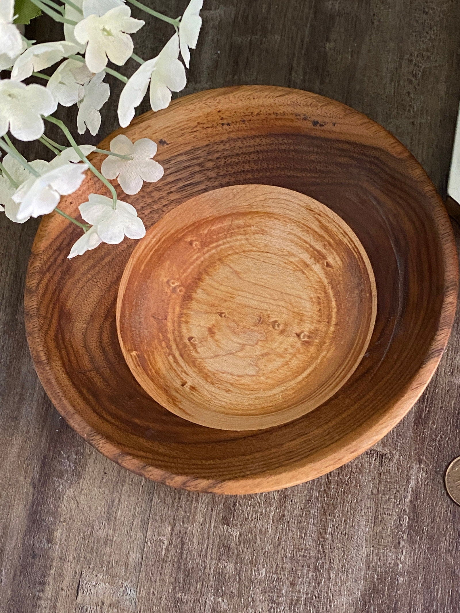 Vintage Turned Walnut and Maple Wood Bowl at Duckwells