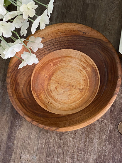 Vintage Turned Walnut and Maple Wood Bowl at Duckwells