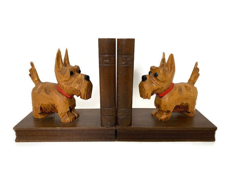 Vintage West German Scottie Dog Carved Wood Bookends - Duckwells