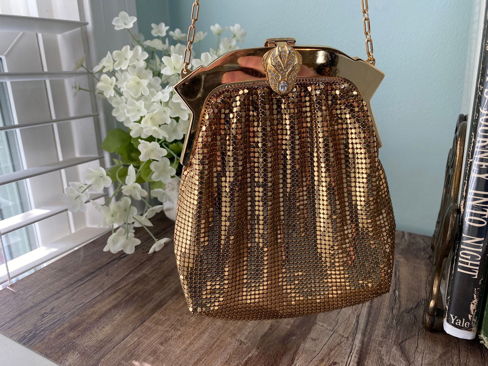 Vintage Whiting and Davis Gold Metal Mesh Purse with Rhinestone Clasp at Duckwells