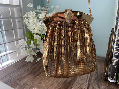 Vintage Whiting and Davis Gold Metal Mesh Purse with Rhinestone Clasp at Duckwells