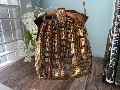 Vintage Whiting and Davis Gold Metal Mesh Purse with Rhinestone Clasp at Duckwells