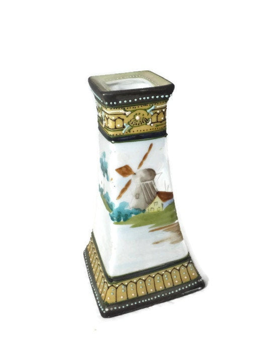 Antique Nippon Hatpin Holder - Hand Painted Windmill Scene, Made in Japan, Maple Leaf Nippon Mark, Collectible Porcelain Bud Vase - Duckwells