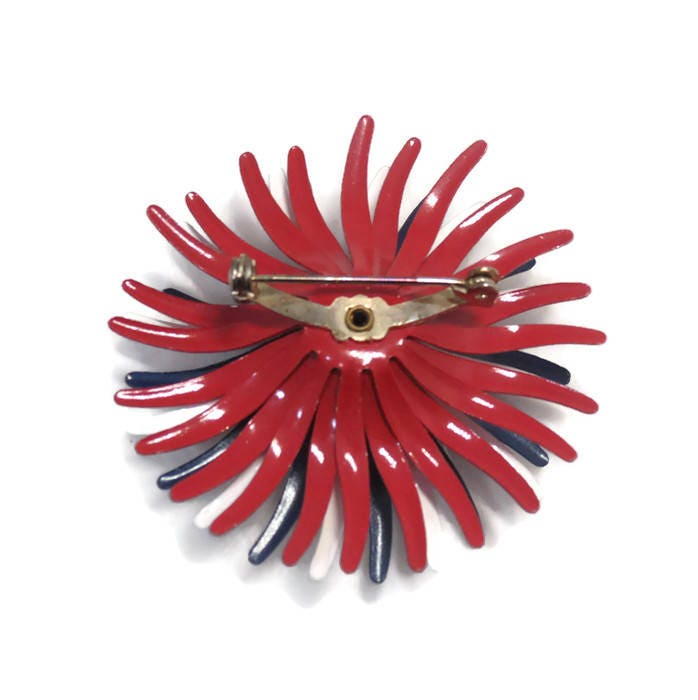 Vintage Mod Flower Pin, Mid Century Red, White and Blue Brooch, Patriotic Retro Flower Power Pin - Duckwells