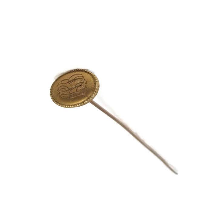 Antique Hat Pin -  Victorian Brass Monogrammed, 8" tall, Collectible vintage hatpin, hair accessory, tall millinery pin - Duckwells