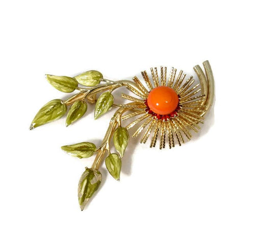 Vintage Gold and Orange Flower Pin, Mid Century Brooch, Retro Flower Pin, Warner New York, Orange Rhinestones - Duckwells