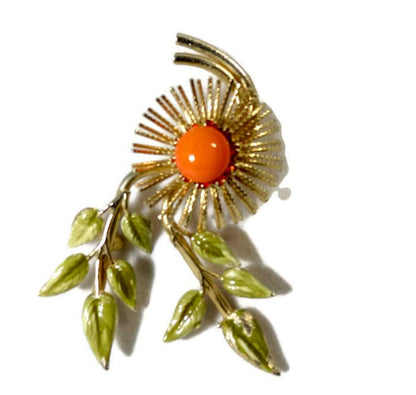 Vintage Gold and Orange Flower Pin, Mid Century Brooch, Retro Flower Pin, Warner New York, Orange Rhinestones - Duckwells