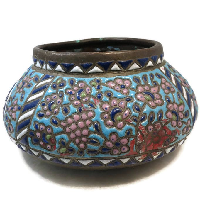 Antique Islamic Bowl, Middle Eastern Enameled Copper Bowl - Duckwells