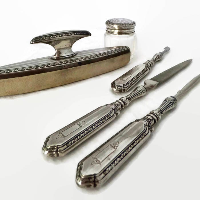 Antique Sterling Dresser Set - Manicure Tools, Buttonhook, Rouge Pot, Nail Buffer, Marked Webster Weighted Sterling - Duckwells