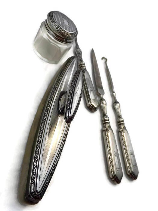 Antique Sterling Dresser Set - Manicure Tools, Buttonhook, Rouge Pot, Nail Buffer, Marked Webster Weighted Sterling - Duckwells