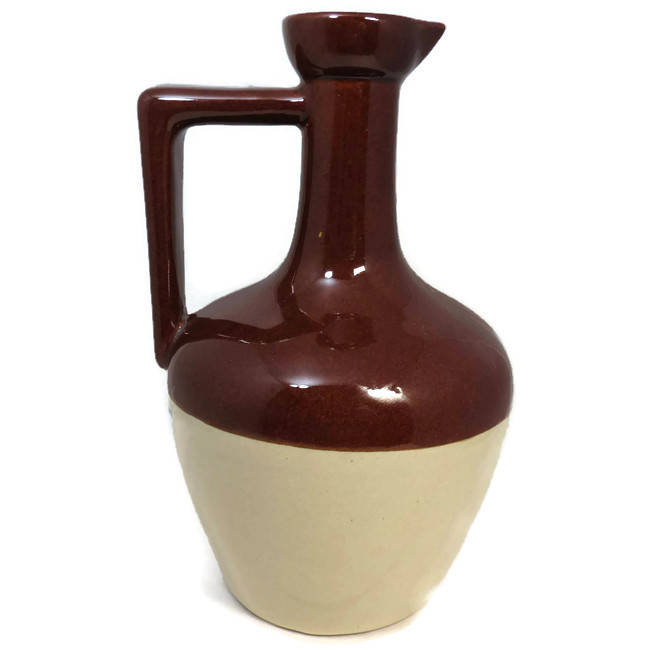 Mid Century Jug, Stoneware Pitcher, Stylized Ewer, Brown and Tan, Retro MCM Styling, Liquor Decanter, Federal Prohibition Stamp - Duckwells