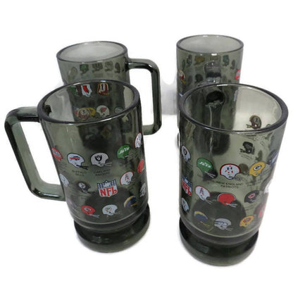 Vintage NFL Mugs, 1970s Football, Smoked Glass, Beer Glasses, Team Helmets and Logos, Set of 4, Mid Century Barware, Sports Memorabilia, - Duckwells