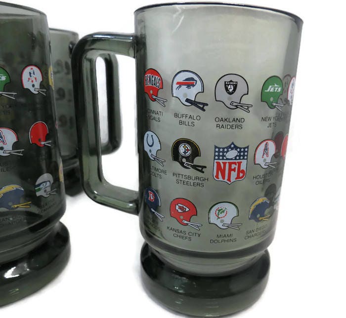 Vintage NFL Mugs, 1970s Football, Smoked Glass, Beer Glasses, Team Helmets and Logos, Set of 4, Mid Century Barware, Sports Memorabilia, - Duckwells