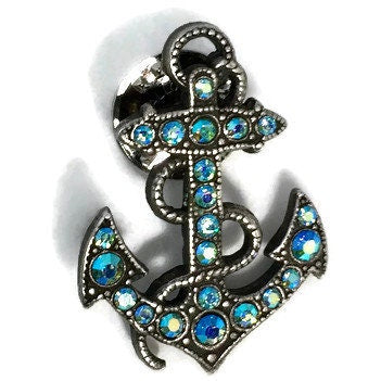 Vintage Rhinestone Anchor brooch, Nautical pin, Kirks Folly brooch, Seaside Jewellery, Collectible Signed Pin, Lapel Tack Pin, boat anchor - Duckwells