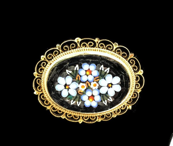 Vintage Mosaic Brooch - Italian Micro Mosaic Brooch, Floral Oval Pin, Marked Italy, Fillagree Setting, Mothers Day Gift - Duckwells