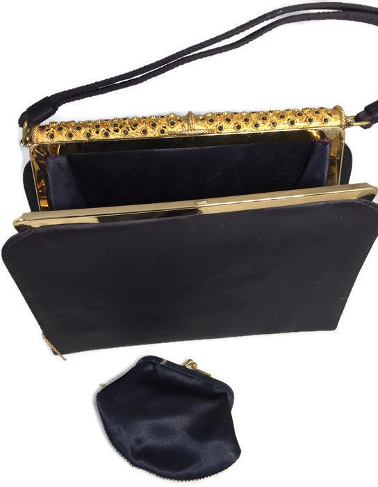 Vintage Black Purse - L and M, Gold and Black Hinged frame, with coin purse, Evening Bag, Prom Purse, Wedding Special Occasion handbag - Duckwells