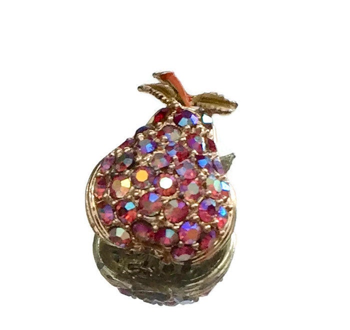 Vintage Pear Rhinestone Brooch Pin, Aurora Borealis, Pink Pear, Fruit Pin Wedding Jewelry, Special Occasion Jewels, Mid Century Jewellery - Duckwells