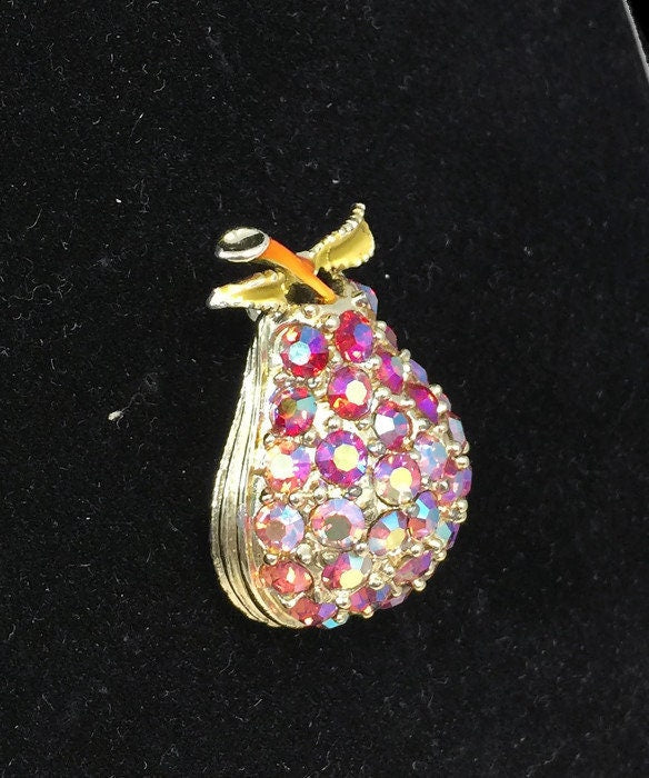 Vintage Pear Rhinestone Brooch Pin, Aurora Borealis, Pink Pear, Fruit Pin Wedding Jewelry, Special Occasion Jewels, Mid Century Jewellery - Duckwells