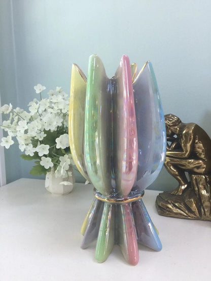 Mid Century Multi Color Vase, Italian Opalescent Ceramic, Gold Trimmed, Fluted Shape, Made in Italy - Duckwells