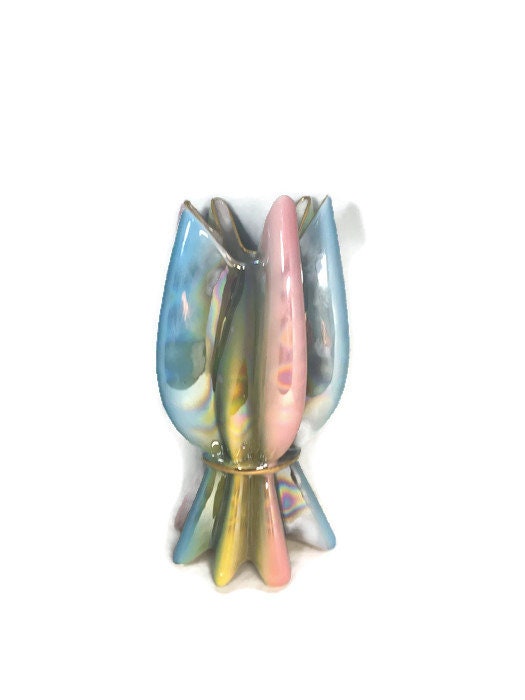 Mid Century Multi Color Vase, Italian Opalescent Ceramic, Gold Trimmed, Fluted Shape, Made in Italy - Duckwells