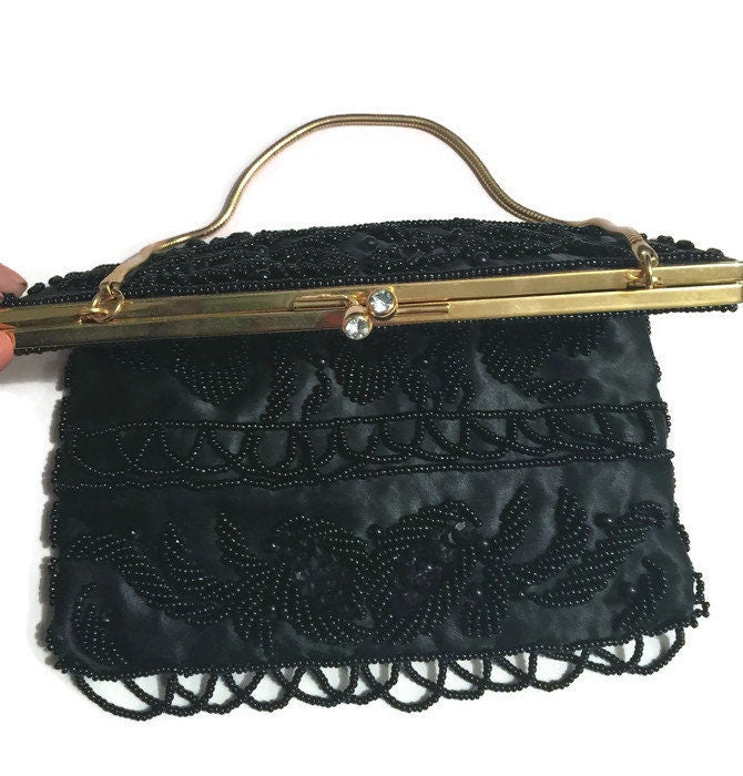 Vintage Beaded Purse , Black Hand Beaded, Made in Hong Kong, Rhinestone Clasp, Evening Bag, Gold Chain Strap, Bellarivas - Duckwells