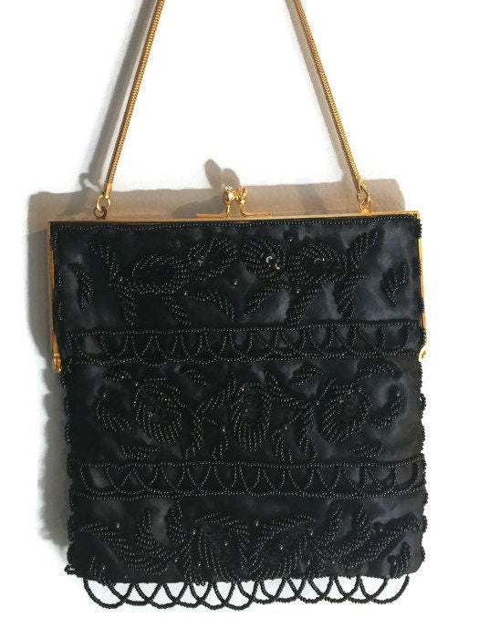 Black with Gold Fabric Glam Bag Purse with Very Ornate Hand Embroidery and  Beading (Artisan Design) - Fringe, Flowers and Frills
