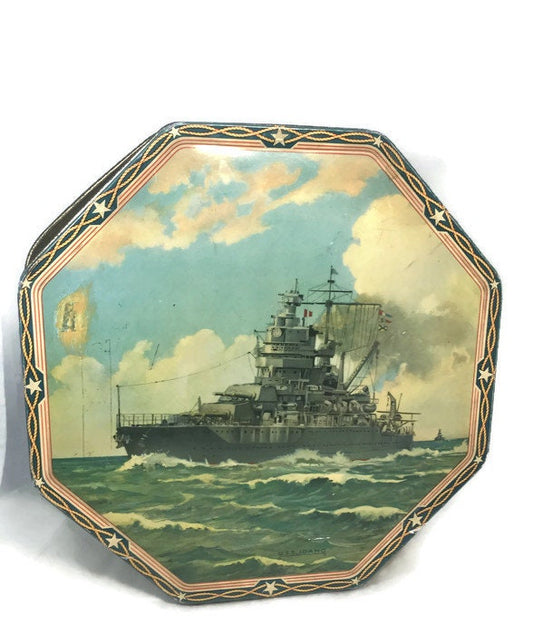 Vintage Navy Warship Tin, U.S.S. Idaho, Sewing Tin, Biscuit Tin, Lithographed TIn, Handled Box - Duckwells