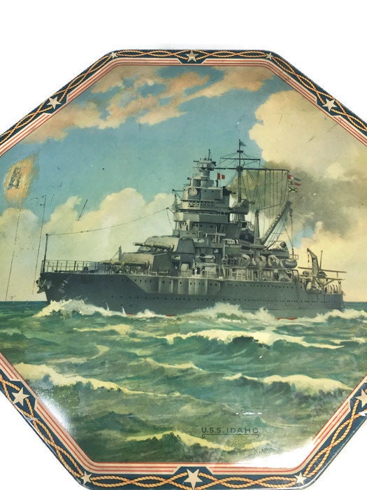 Vintage Navy Warship Tin, U.S.S. Idaho, Sewing Tin, Biscuit Tin, Lithographed TIn, Handled Box - Duckwells