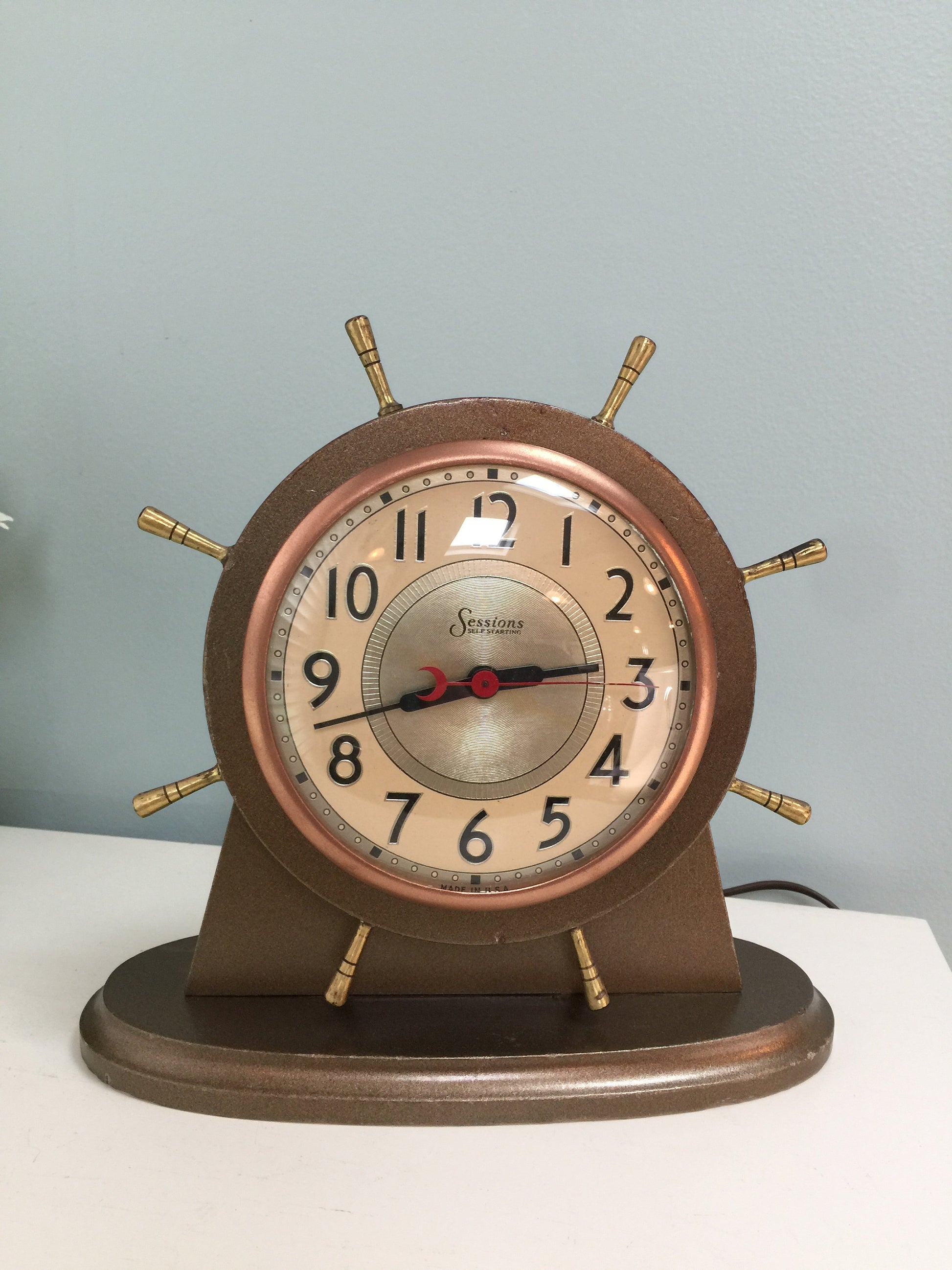 Vintage Nautical Clock, Sessions Ships Wheel, Wood Shelf Clock – Duckwells