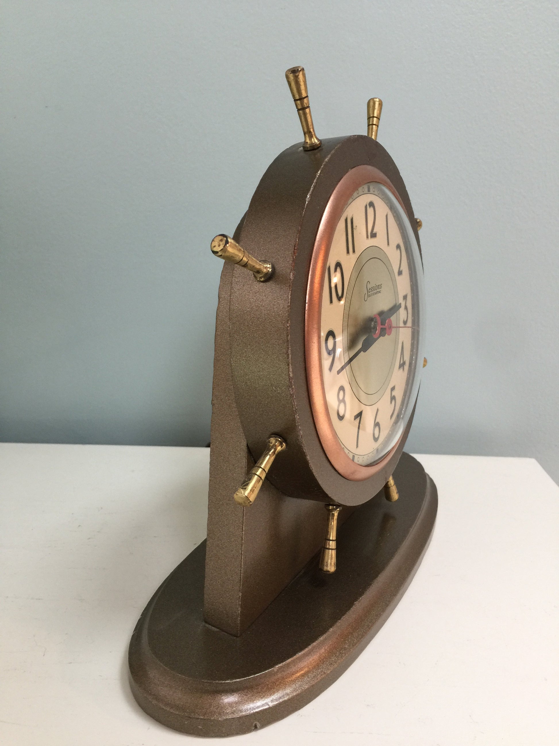 Vintage Nautical Clock, Sessions Ships Wheel, Wood Shelf Clock – Duckwells