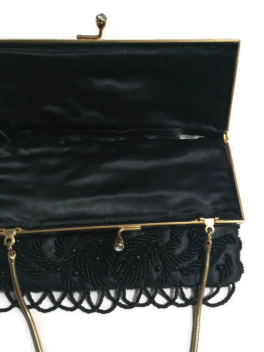 Vintage Beaded Purse , Black Hand Beaded, Made in Hong Kong, Rhinestone Clasp, Evening Bag, Gold Chain Strap, Bellarivas - Duckwells