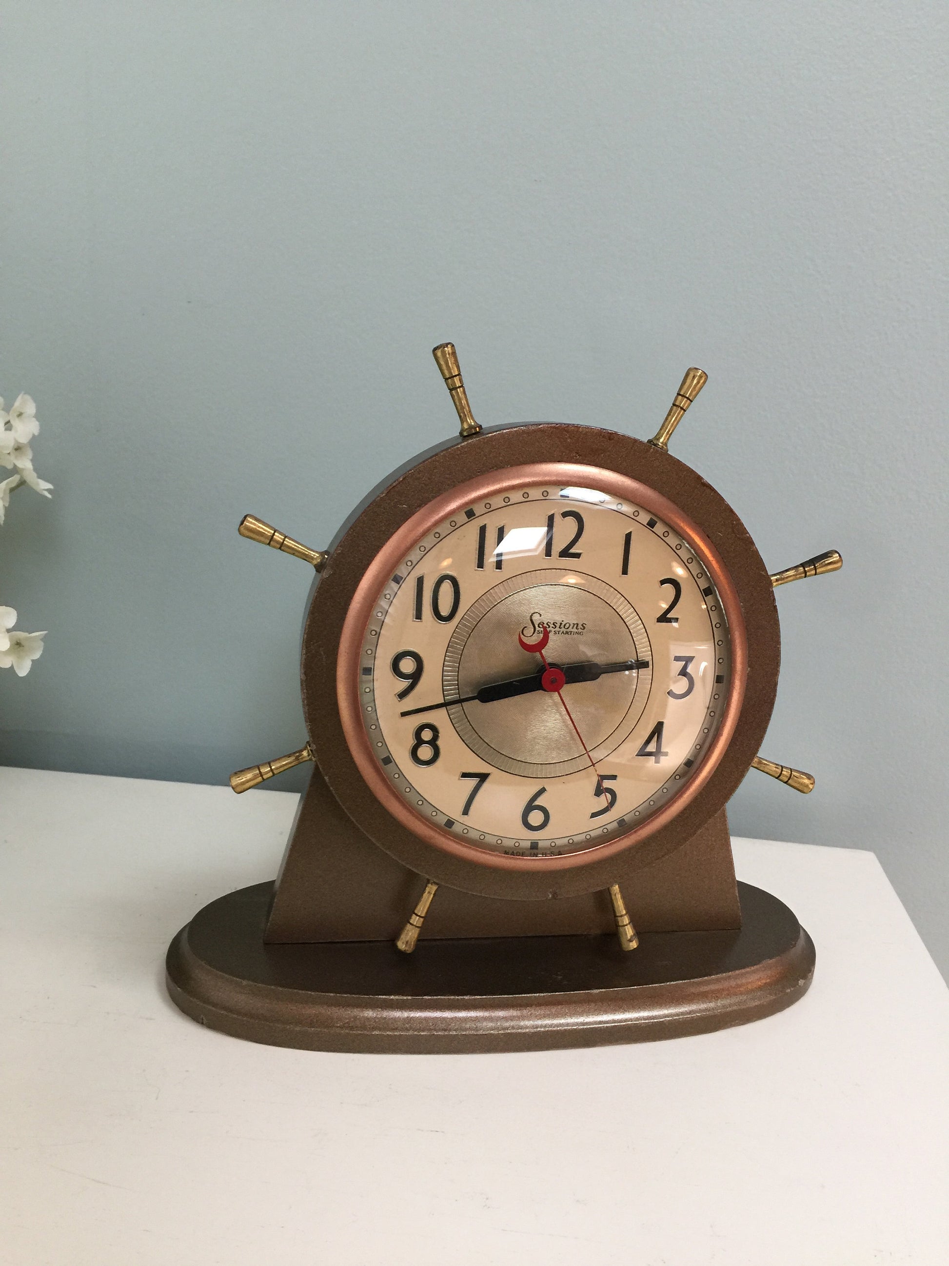 Vintage Nautical Clock, Sessions Ships Wheel, Wood Shelf Clock