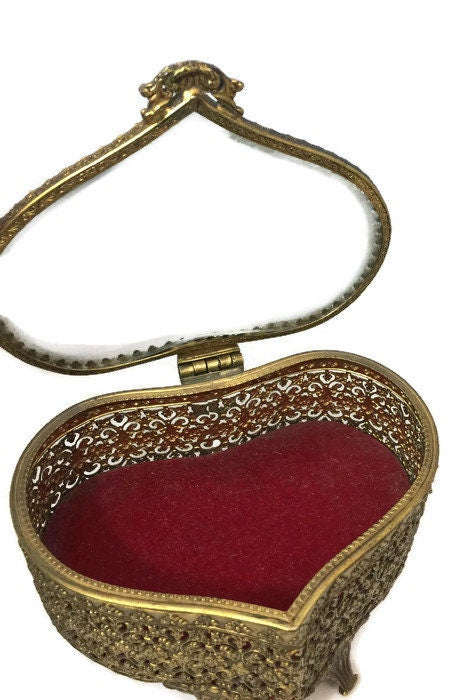 Vintage Gold Jewelry Casket, Velvet Lined, Glass Lid, Mid Century Vanity, Ornate Filagree, Jewelry Display, Footed Jewel Box - Duckwells