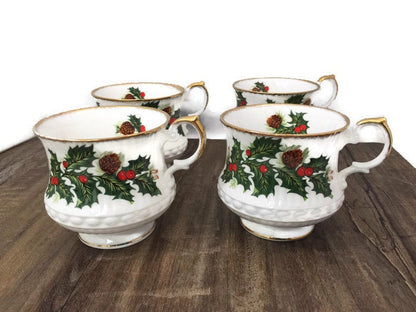 Vintage Christmas Cups, Queen's English Bone China, Yuletide Pattern, Set of 4 Tea Cups with Holly Design - Duckwells
