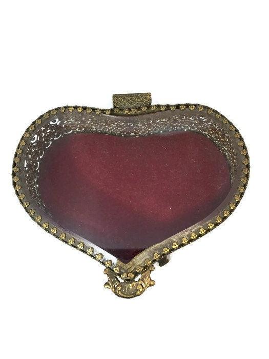 Vintage Gold Jewelry Casket, Velvet Lined, Glass Lid, Mid Century Vanity, Ornate Filagree, Jewelry Display, Footed Jewel Box - Duckwells