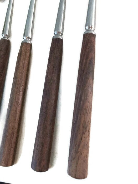 Mid Century Serving Fondue Forks, Wood Handled Stainless Serving Pieces - Duckwells