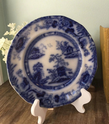 Antique Flow Blue Plate - English Staffordshire Asian Pagoda Theme, Stamped Improved Stone China, Charle Meigh & Sons - Duckwells