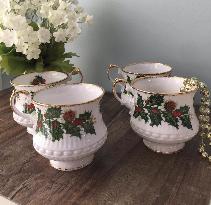 Vintage Christmas Cups, Queen's English Bone China, Yuletide Pattern, Set of 4 Tea Cups with Holly Design - Duckwells