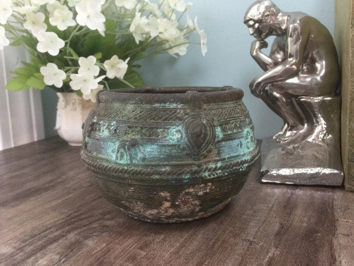 Vintage Indian Ceremonial Pot, Brass Copper Small Bowl with Ornate Design, Original Patina - Duckwells