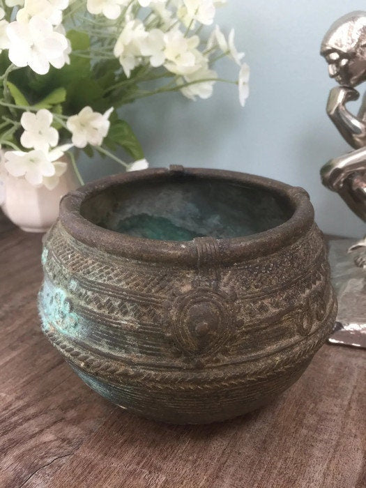 Vintage Indian Ceremonial Pot, Brass Copper Small Bowl with Ornate Design, Original Patina - Duckwells