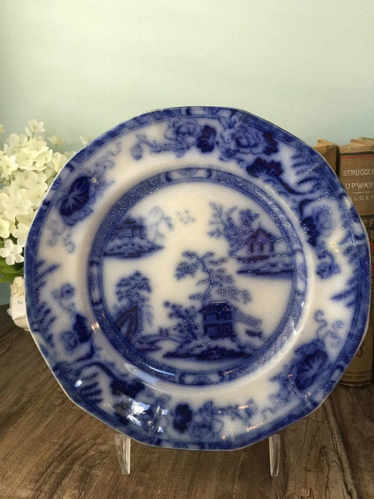 Antique Flow Blue Plate - English Staffordshire Asian Pagoda Theme, Stamped Improved Stone China, Charle Meigh & Sons - Duckwells